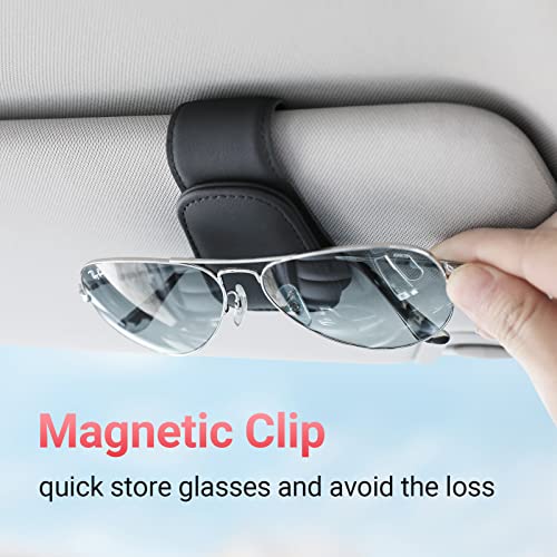 Sunglass Holder for Car Sun Visor Magnetic Sunglasses Clip Leather (Black)