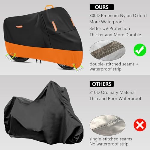 Large Motorcycle Cover Heavy Duty Motorcycle Tarp All Season Durable Waterproof Outdoor Protection Lock Holes Storage Bag Fit up to 80 inch Honda Grom Navi Scooter (Black & Orange 1 / L (74" x 37" x 43"))