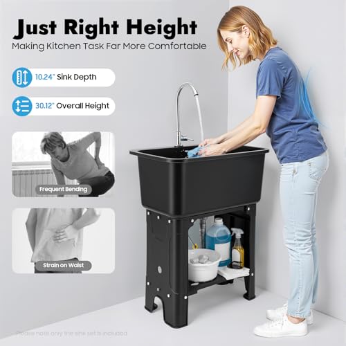 Free Standing Utility Sink with Washboard Laundry Tub Sink for Outdoor (C / Black-23.62*15.75*30.12in)