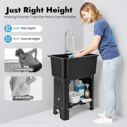 Free Standing Utility Sink with Washboard Laundry Tub Sink for Outdoor (C / Black-23.62*15.75*30.12in)