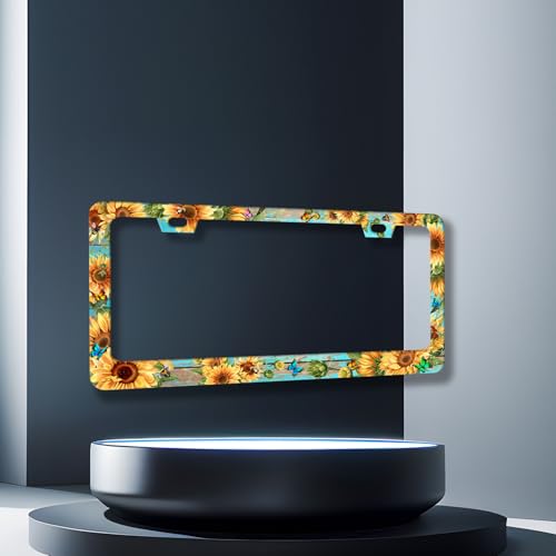 Butterfly Sunflower License Plate Frame Floral Flowers License Plate Holder (Sunflowers With Butterfly In Wood)