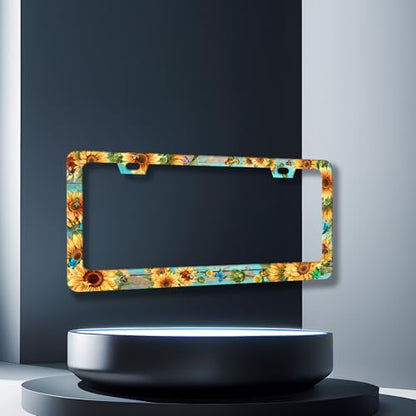 Butterfly Sunflower License Plate Frame Floral Flowers License Plate Holder (Sunflowers With Butterfly In Wood)