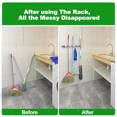 3 Racks and 4 Hooks Mop and Broom Holder Wall Mount (3 Racks 4 Hooks / Silver)