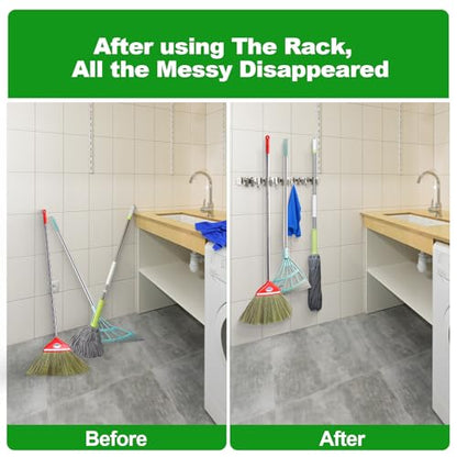 2 Pack] 5 Racks and 4 Hooks Mop and Broom Holder Wall Mount (5 Racks 4 Hooks 2 Packs / Silver)