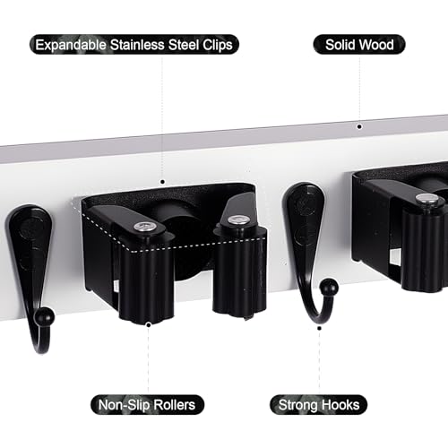 Broom Holder Wall Mount With 5 Slots & 4 Hooks (White)