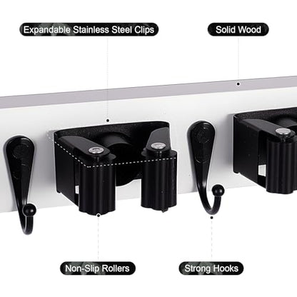 Broom Holder Wall Mount With 5 Slots & 4 Hooks (White)