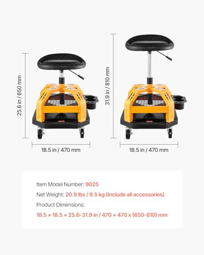 Mechanic Stool Dual Storage Trays Rolling Stool and Garage Stool with Adjustable Height 23.6 (Yellow)