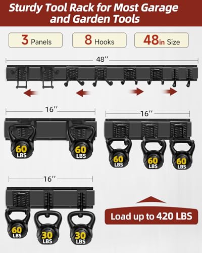 Garage Tool Organizer Wall Mount (48" 3 Panels & 8 Hooks)