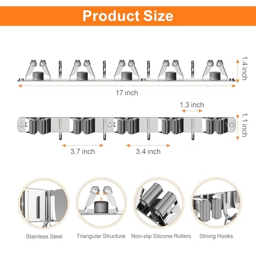 2 Pack Mop and Broom Holder Wall Mount for Kitchen Garage Laundry Room (Silver / 2 Pack 5 Racks with 4 Hooks)