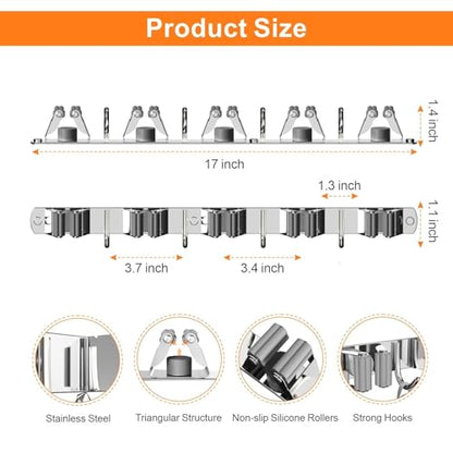 2 Pack Mop and Broom Holder Wall Mount for Kitchen Garage Laundry Room (Silver / 2 Pack 5 Racks with 4 Hooks)