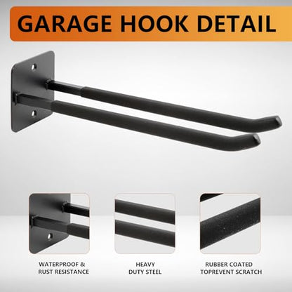 2 Pack Steel Wall Mount Double Garage Storage Hooks (2pc Upgraded Square tube hooks -14")