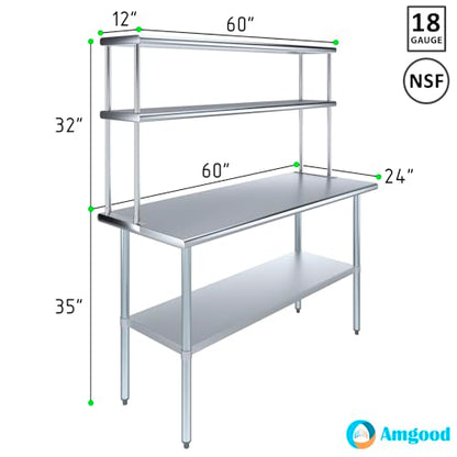 Stainless Steel Work Table Double Tier Overshelf (24" x 60" Work Table + 12" Overshelf)