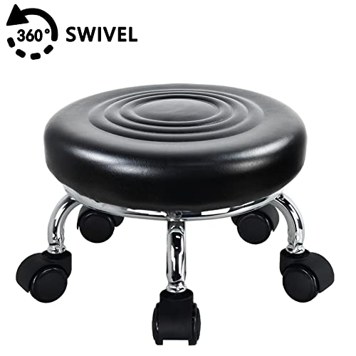 Roller Seat PU Leather Foot Stool Low Rolling Stool 360° Round Step Stool (Black)