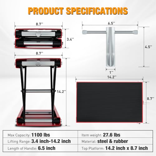 Motorcycle Lift Jack 1100 LBS Scissor Jack Stand Lift from 3.4" to 14.2" with Wide Deck Crank Handle Steel Scissor Hoist Garage Repair Lifter Table Jacks for Motorcycles ATV Dirt Bike (Red)