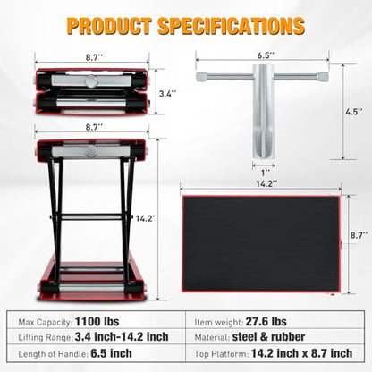 Motorcycle Lift Jack 1100 LBS Scissor Jack Stand Lift from 3.4" to 14.2" with Wide Deck Crank Handle Steel Scissor Hoist Garage Repair Lifter Table Jacks for Motorcycles ATV Dirt Bike (Red)