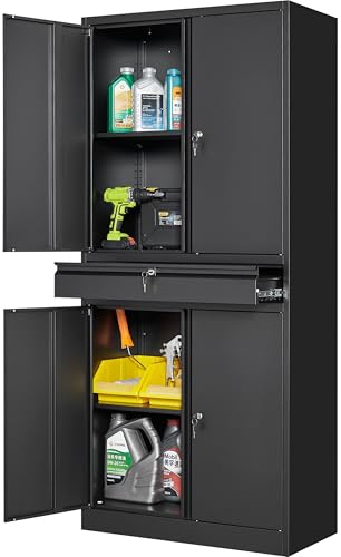 Metal Garage Storage Cabinet with Drawer and Lock (71"H x 31.5"W x 16"D / Black)