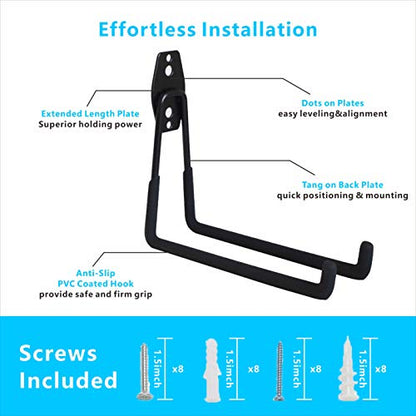 Garage Hooks 4 Pack Wall Mount Storage Hanger with 2 Extension Cord Holder Organizer (Black 4 Pack)