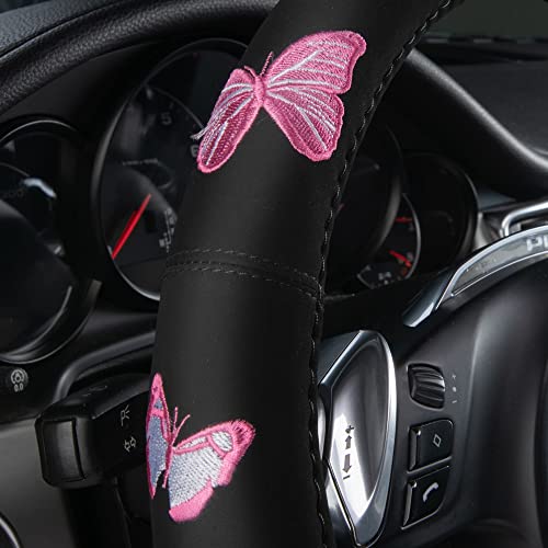 Pink Embroidery Butterfly Steering Wheel Cover (Black and Pink)