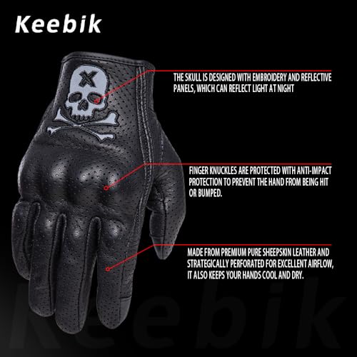 Goatskin Leather Motorcycle Motorbike Powersports Racing Gloves Reflective Skull Touchscreen for Men and Women Model (HEE1 / Small)