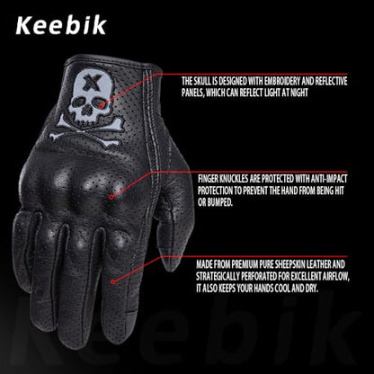 Goatskin Leather Motorcycle Motorbike Powersports Racing Gloves Reflective Skull Touchscreen for Men and Women Model (HEE1 / XX-Large)