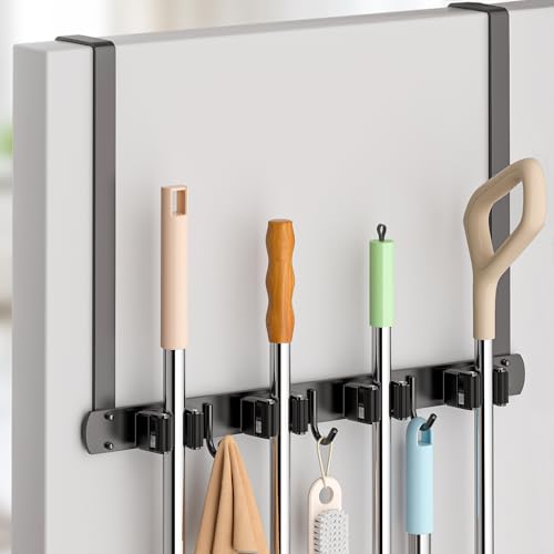 Broom Holder Over The Door with Hooks (Black)