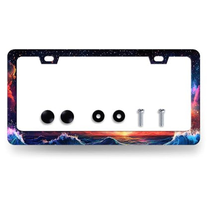 Stainless Steel Wave Starry Sky Galaxy License Plate Frame 12.2 x 6.2 Inch (Ocean Wave Galaxy Starry Sky)