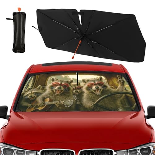 Funny Raccoon Car Windshield Sun Shade Umbrella Bendable Handle Foldable Animal Print Sunshade for Car Windshield Block UV Rays Keep Vehicle Cool for Most Sedans SUV Trucks Cars 57"x30" (147*75cm,33*11cm / Funny Raccoon)