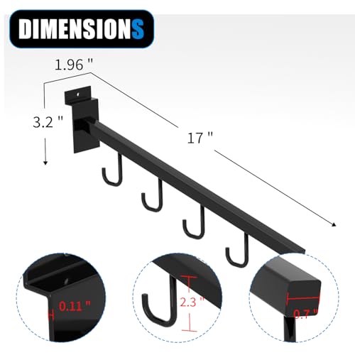 10-Pack 17-Inch Slatwall Waterfall Display Hooks with 5 J-Hooks – Black Slanted Arm Rack for Hanging Apparel, Bags & Accessories