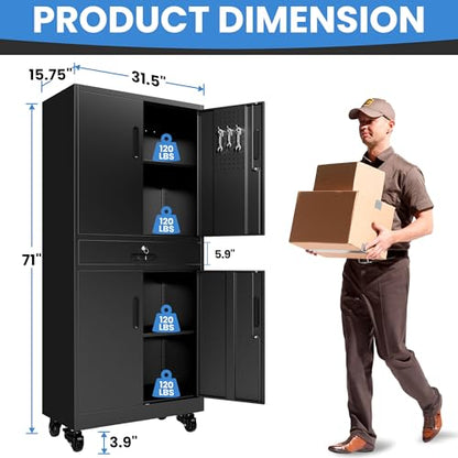 Metal Storage Cabinet for Garage (Black / L - 4 Doors & 1 Drawers (Wheeled))