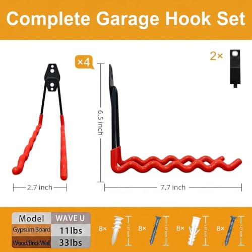 Garage Hooks 4 Pack Wave Hooks for Hanging Heavy Duty Ladders (Orange / wave hooks-4pcs)