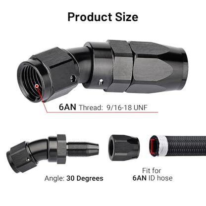 6AN 30 Degree One Piece Full Flow Hose End Fitting Swivel for CPE Braided Hose (6AN / 30 Degree)