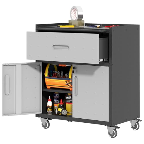 Metal Storage Cabinet for Garage (Black & Gray / M - 1 Drawer & 2 Doors (Wheeled))