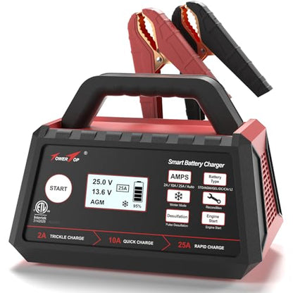 2/10/25 Amp 12V Smart Car Battery Charger, Fully Automatic Battery Maintainer with Engine Start, Auto Desulfator, Battery Repair, Winter Mode, for AGM, STD, Gel, Deep Cycle Batteries (25A)