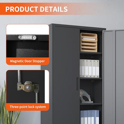 Metal Storage Cabinet for Garage (Black / L - 2 Doors & 5 Shelves (Wheelless))