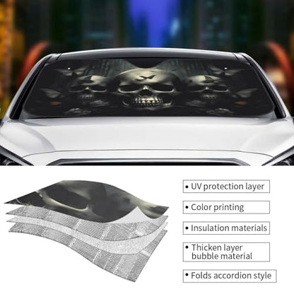 Skull Car Sun Shade Windshield Sunshade Foldable Front Window Shield Cover for Truck SUV (Blue11 / Small)