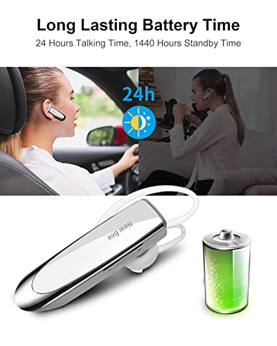 2 Pack] Bluetooth Earpiece V5.0 Wireless Handsfree Headset 24 Hrs Driving (White)
