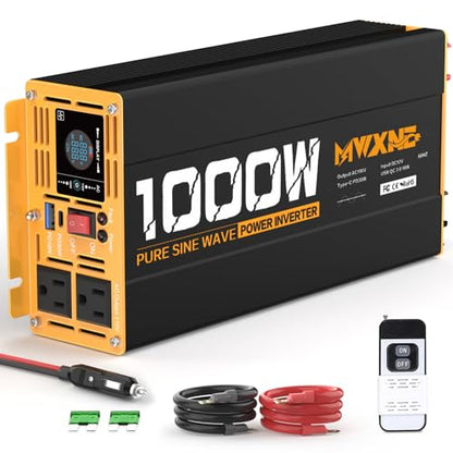 1000W Pure Sine Wave Power Inverter 12V DC to 110V 120V AC Converter with 2 AC Outlets (1000w-12v)