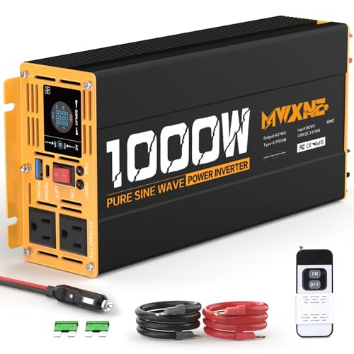 1000W Pure Sine Wave Power Inverter 12V DC to 110V 120V AC Converter with 2 AC Outlets (1000w-12v)