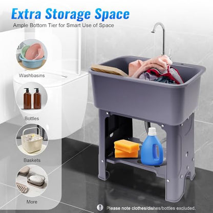 Free Standing Utility Sink with Washboard Laundry Tub Sink for Outdoor (D / Gray-23.6*15.8*30.1in)