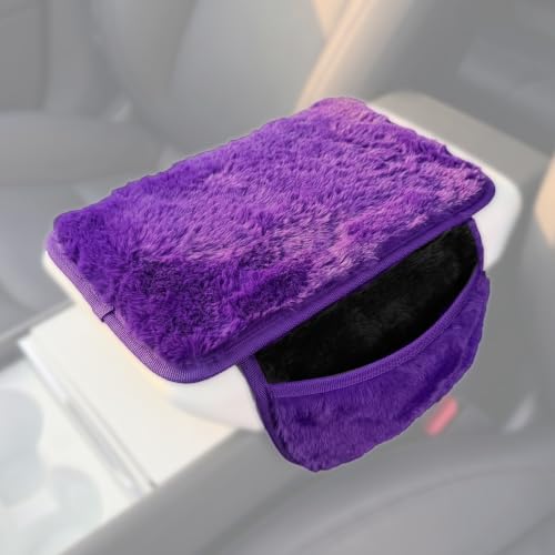 Plush Fuzzy Fur Car Armrest Cover with Side Pockets