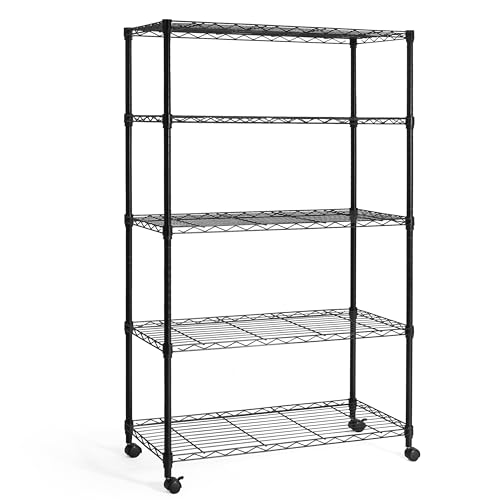 3/4/5-Tier Adjustable Height Wire Shelving Unit, Wire Rack Shelving, Metal Steel Storage Shelves, Garage Shelving Storage Organizer, Utility Storage Shelf, 5-Tier With Wheels, Black (5-tier / W/ Wheel)