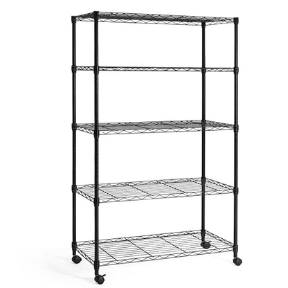 3/4/5-Tier Adjustable Height Wire Shelving Unit, Wire Rack Shelving, Metal Steel Storage Shelves, Garage Shelving Storage Organizer, Utility Storage Shelf, 5-Tier With Wheels, Black (5-tier / W/ Wheel)