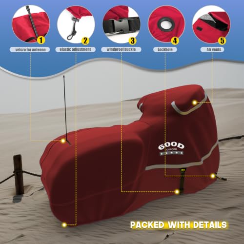 Motorcycle Cover with Side Box Heavy Duty 600D Waterproof for Touring Models Harley Davidson Road King (Red / Side Box)