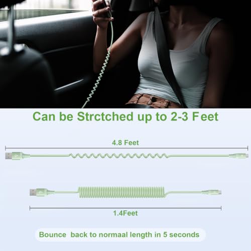Coiled USB A to USB C Cable for CarPlay [3FT+6FT] (3FT+6FT / Green)