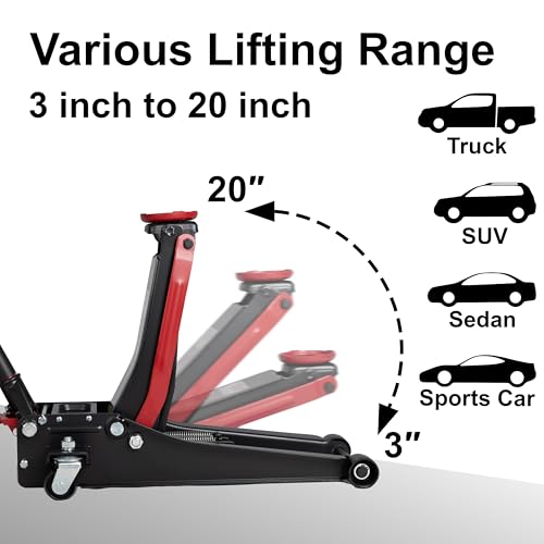 3-Ton (6600lbs) Low-Profile Dual Pistons Heavy-Duty Steel Racing Floor Jack with Quick Lift Hydraulic Pump, Foot Pedal and Magentic Pad for Car Maintenance (Red)