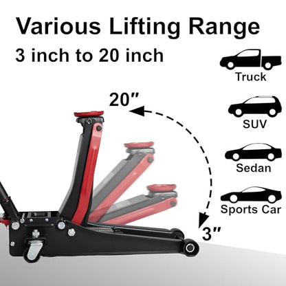 3-Ton (6600lbs) Low-Profile Dual Pistons Heavy-Duty Steel Racing Floor Jack with Quick Lift Hydraulic Pump, Foot Pedal and Magentic Pad for Car Maintenance (Red)