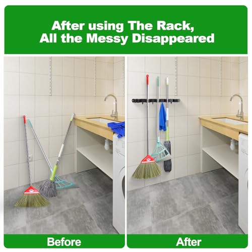 2 Pack] 5 Racks and 4 Hooks Mop and Broom Holder Wall Mount (5 Racks 4 Hooks 2 Packs / Black)