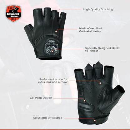 Daniel Smart Men's Motorcycle Leather Gloves with Reflective Skull Short Glove & Touch Screen Fingertips (FINGERLESS GLOVE / X-Small)