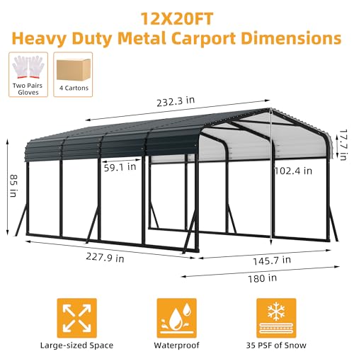 12' x 20' Heavy Duty Metal Carport with Galvanized Steel Roof (12x20FT)
