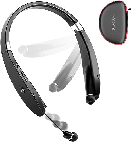 Foldable Bluetooth Headphones Wireless Neckband Headset with Retractable Earbuds (Black)